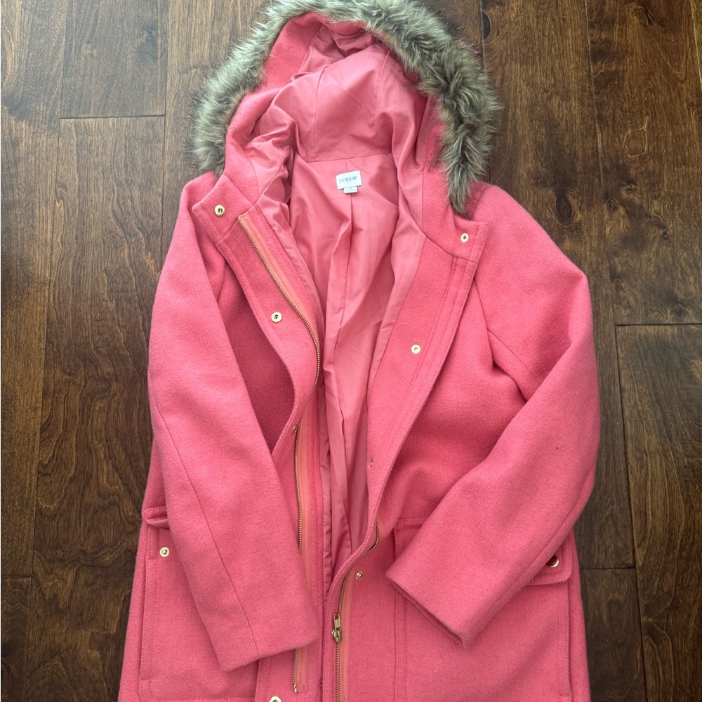 J. Crew Pink Pea Coat with Faux Fur Hood